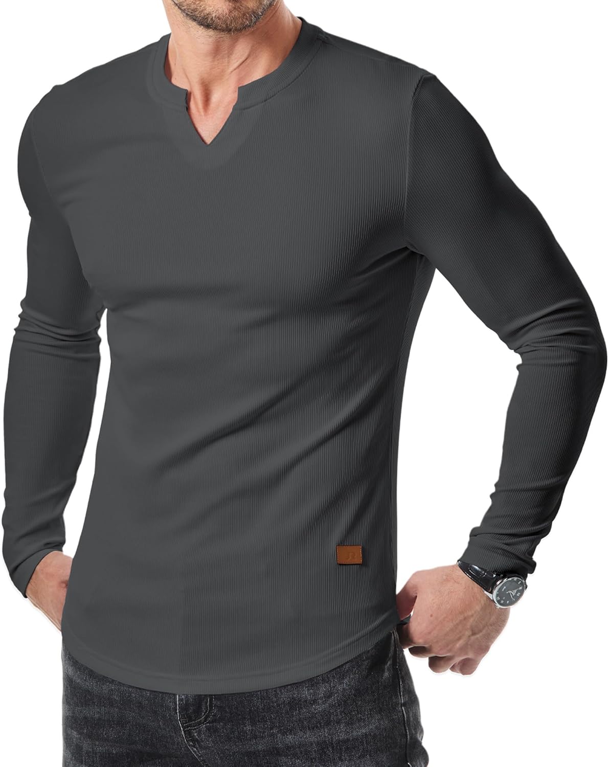 Mens Long Sleeve Muscle T Shirts Casual V-Neck Longline Ribbed Tee Shirts
