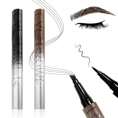 Waterproof Liquid Eyebrow Pencils with 4-Fork Tips, 2-Pcs, Microblading Brow Pen and Eyeliner Set, Long-Lasting Smudge-Proof, Create Natural Eye Makeup