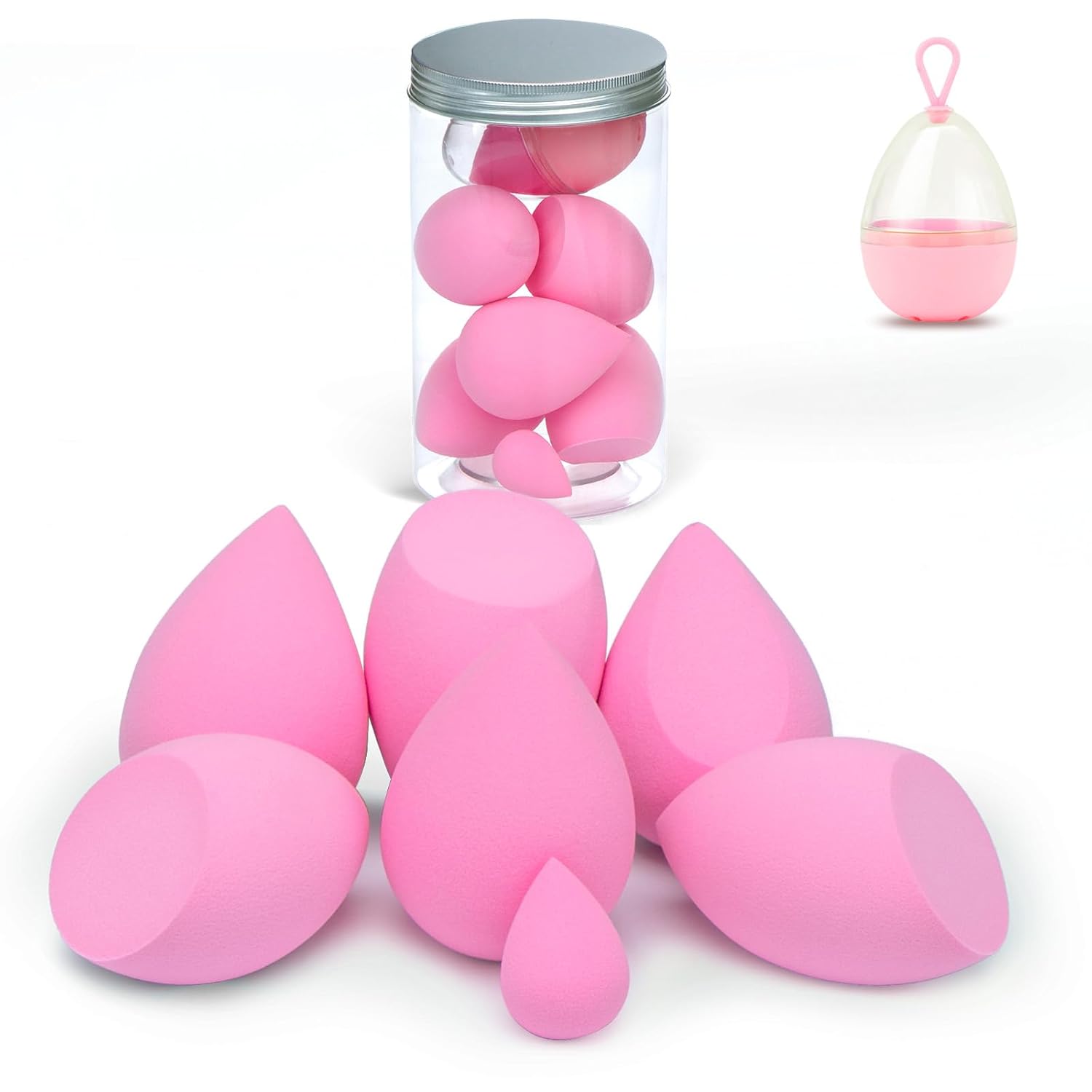 8Pcs Makeup Sponges Set- 7Pcs Beauty Sponge Blenders and 1 Bottle 1 Holder for Blending Foundation, Cream and Powder (Light Pink-Can Packaging)