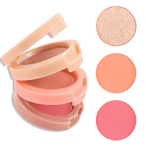 Blush and Highlighter Kit, 3 in 1 Makeup Pressed Powder Palette Shimmer Bronzer, Orange&Pink Matte Blusher Blendable Glow Face Palette for a Redness and Glowing Look