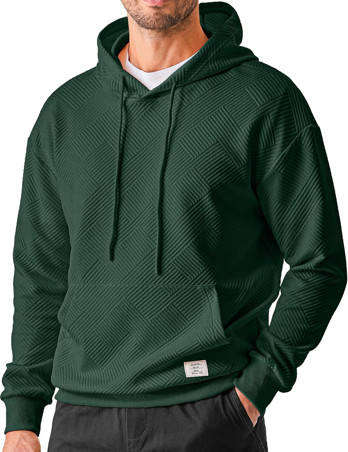 Mens Hoodies Sweatshirts Texture Hooded Collar Drawstring Long Sleeve Casual Pullover Shirt