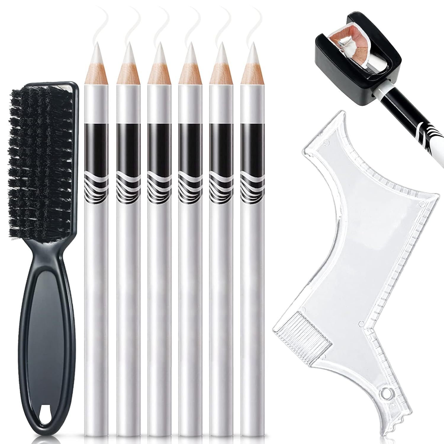 8 Piece White Barber Pencil Set - Edge Hairline Razor Trace Pencils for Beard Guide and Shaping with Built-in Sharpener, Brush and Ruler